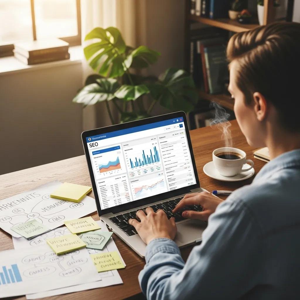 Consultant working on SEO analytics in a cozy workspace, emphasizing search visibility strategies