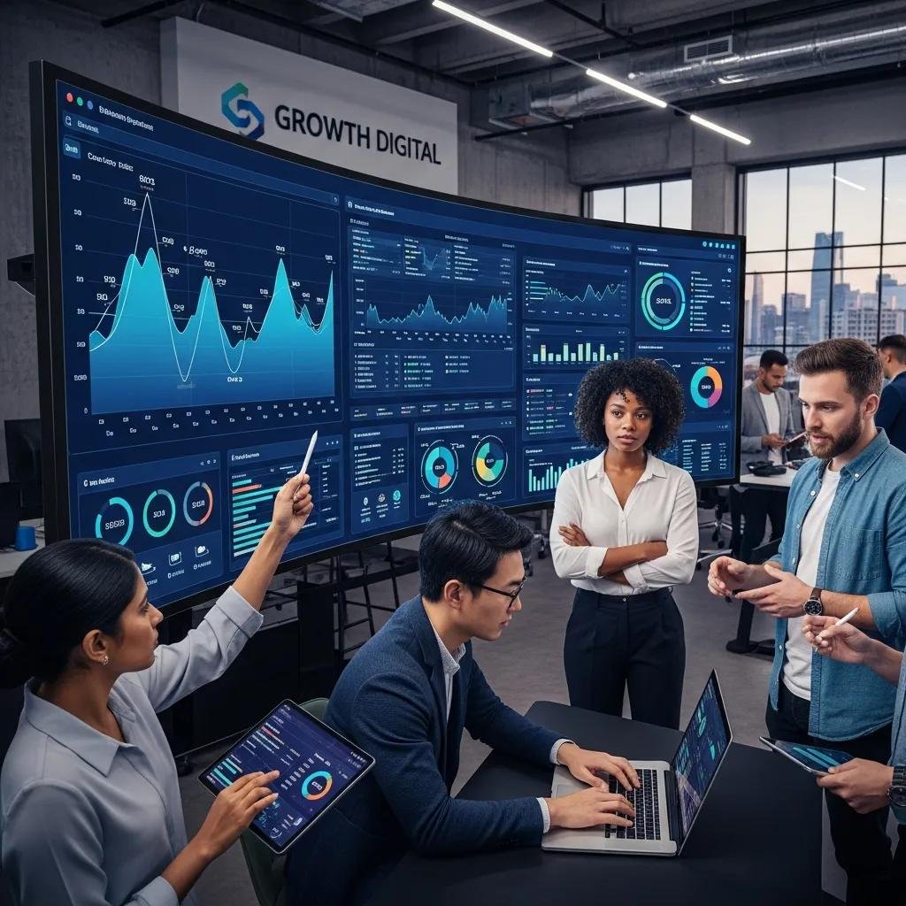 Digital marketing team analyzing data on a screen, highlighting collaboration and business growth strategies