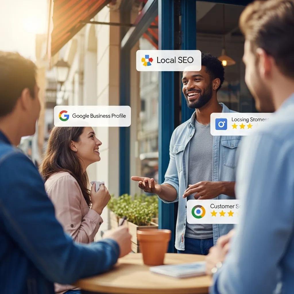 Local business owner interacting with customers, highlighting local SEO strategies